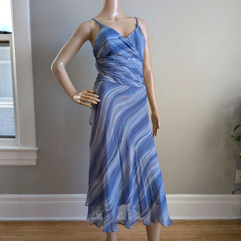 Vintage Y2K Papell Boutique Blue Silk Midi Dress Beaded Fairycore Size 10